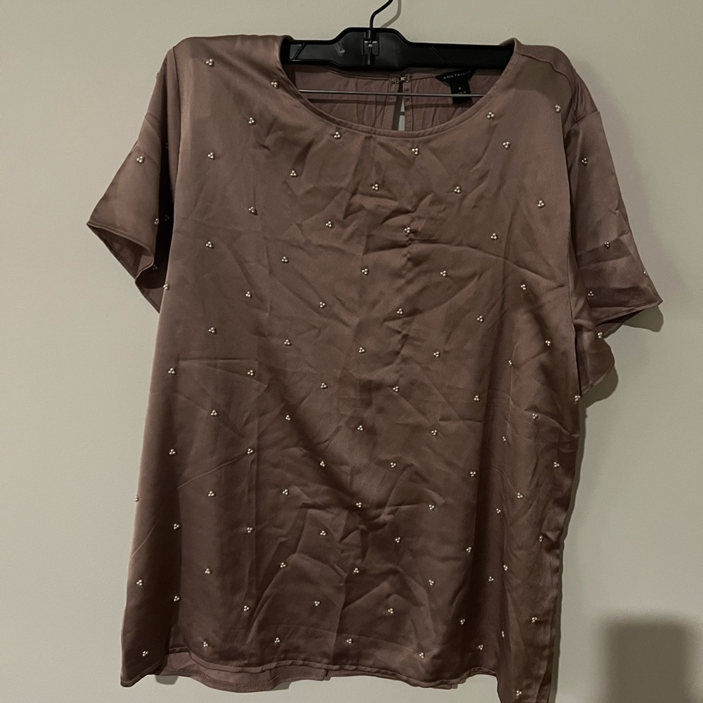 Ann Taylor Women’s Pearlized Mixed Media Short Sleeve Tee, Medium, Mauve Purple